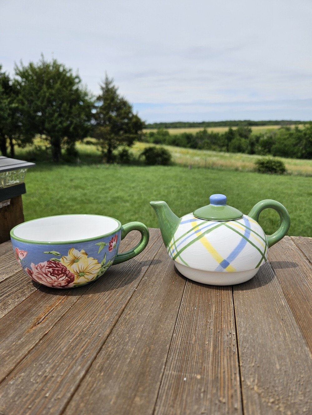 Waverly Garden Floral & Plaid Ceramic Teapot and Large Mug Set - Cottagecore Tea